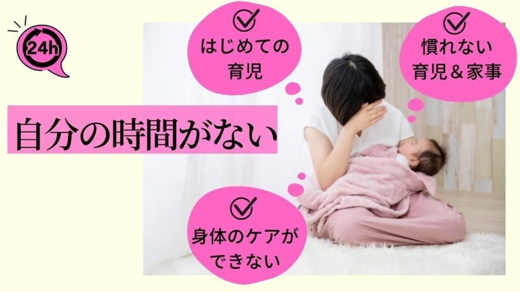 自分の時間がない
はじめての育児
身体のケアができない
慣れない育児＆家事